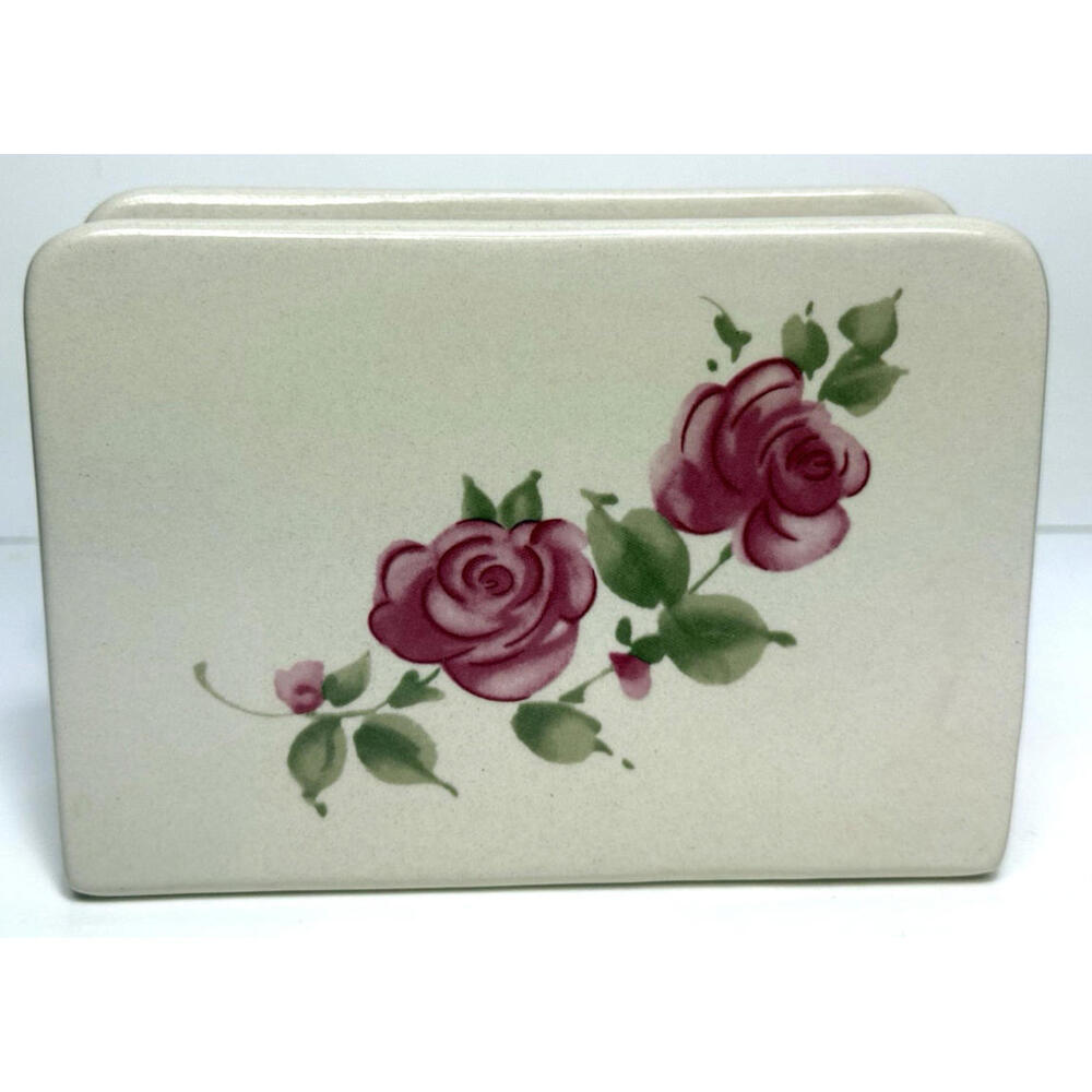 Vtg Roseland Rose Gibson Napkin Holder 6" Stoneware Cream Pink Green Cottagecore